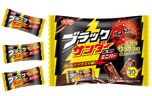 Black Thunder chocolate bar packaging showcasing crunchy Japanese snack with a cult following and bold flavor.