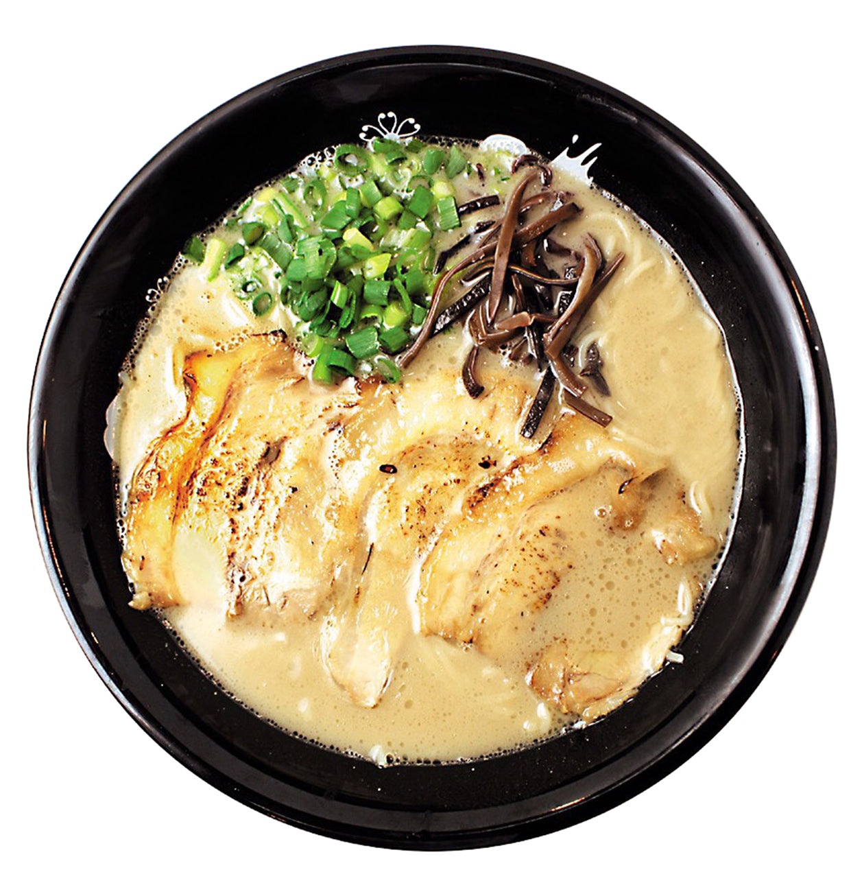 Kitakyushu Tonkotsu Ramen Ishida Ichiryu in black bowl with creamy pork bone broth, topped with green onions and mushrooms.