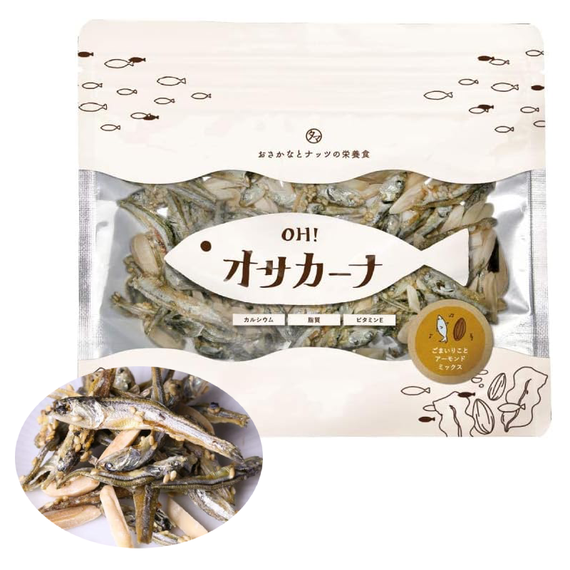Osacana Fish Almond snack with dried sardines and almonds in wasabi flavor packaging.