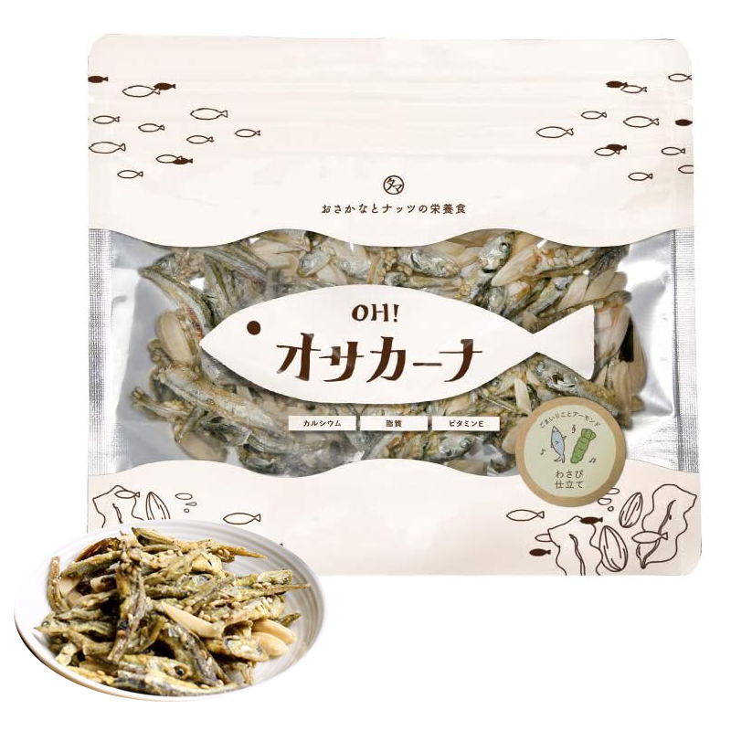Osacana Fish Almond snack with dried sardines, almonds, and wasabi flavor in a stylish packaging, perfect for adult tastes.