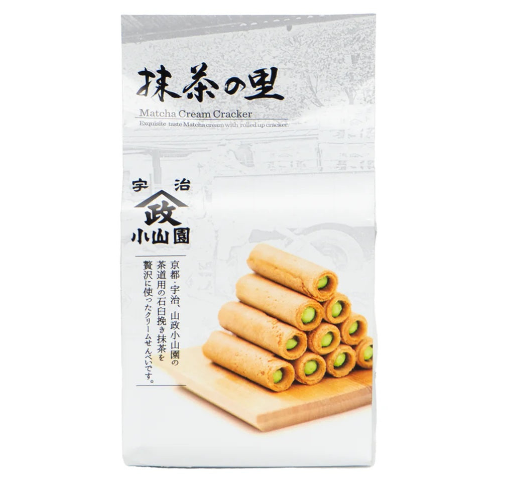 Matcha no Sato matcha cream crackers in packaging, featuring green tea cream inside egg crackers. Contains wheat, egg, dairy allergens.
