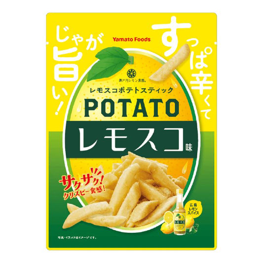 Yamato Foods Lemosco lemon chili potato sticks packaging with crispy, spicy flavor text on yellow background.