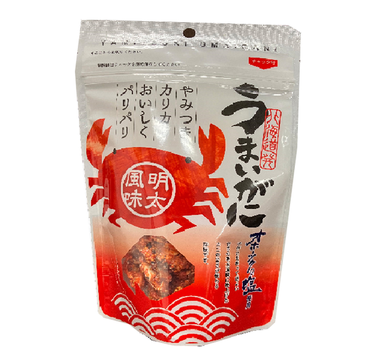 Umaigani Baby Crab Snacks with Mentai flavor in a resealable package, showcasing crunchy texture and Okhotsk salt-rich taste.