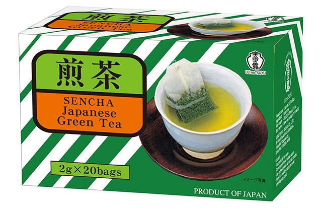 UJInoTSUYU Sencha Japanese Green Tea, 20 tea bags box showcasing fresh brew in a cup, product of Japan.