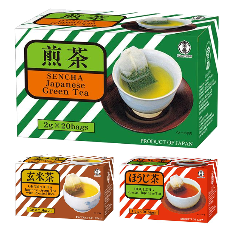 Box of UJInoTSUYU Sencha Japanese Green Tea bags with Genmaicha and Hojicha varieties displayed in cups.
