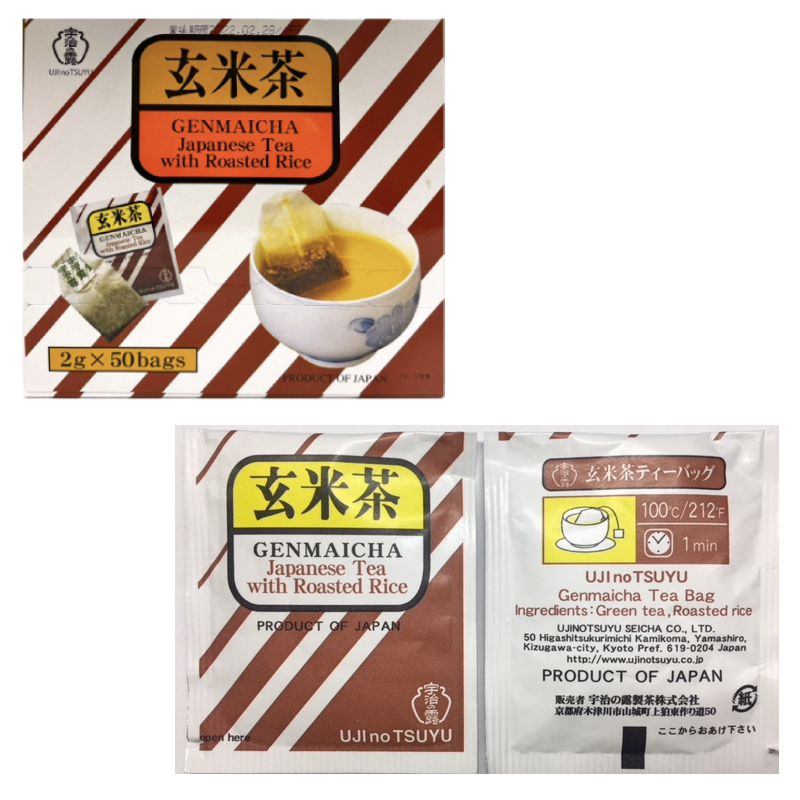 UJInoTSUYU Genmaicha tea bag with roasted rice, in aluminum packaging for freshness, popular for export, includes steeping instructions.