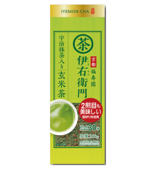 IYEMON CHA Genmaicha with Matcha packaging featuring green tea and roasted rice aroma, ideal for relaxation in a larger mug.