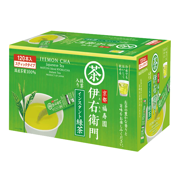 IYEMON Instant Green Tea Stick 120P box featuring Japanese matcha blend, offering the taste of kyusu brewed tea, imported from Japan.