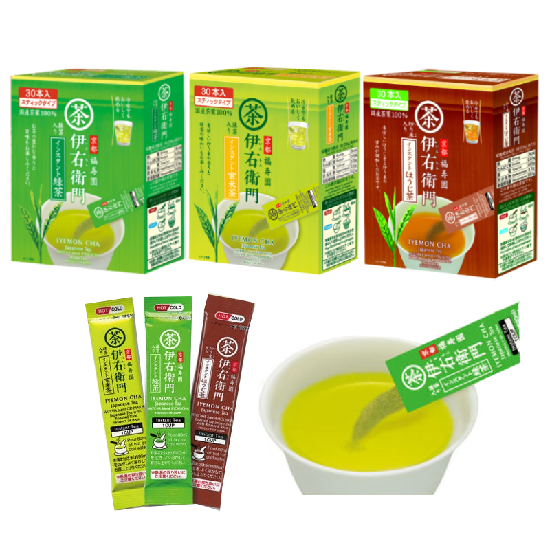 Assorted Ujinotsuyu-Seicha IYEMON Instant Stick Tea Packs with a cup of vibrant green tea.