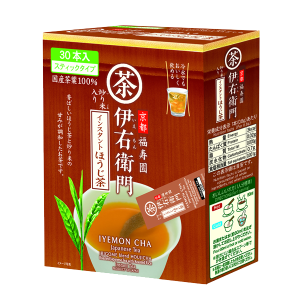 Ujinotsuyu-Seicha IYEMON Instant Stick Japanese tea box featuring hojicha flavor with vibrant packaging.