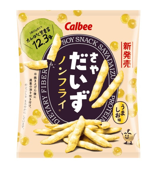 Saya Daizu Non-Fried Soy Snack with salt packaging, showing crispy soybean sticks, high in protein, non-fried, and wheat-soy allergen info.