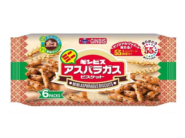 Package of Mini Asparagus Biscuits with six packs, featuring crispy sesame flavor and chocolate options with allergen info.