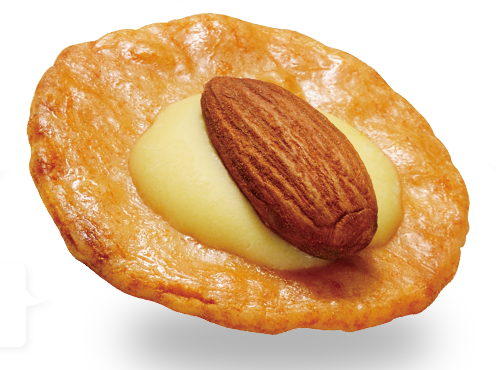 Cheese almond rice cracker with crispy soy sauce flavor, topped with cheese and almond slice, perfect snack choice.