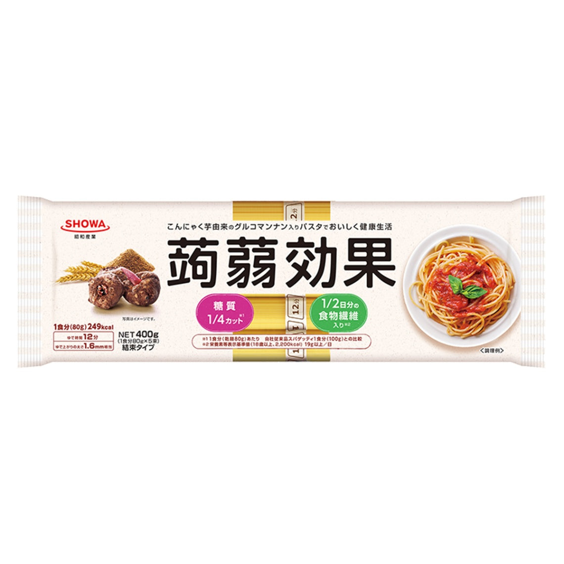 Glucomannan spaghetti packaging, highlighting low sugar, high fiber, and weight management benefits. Suitable for dietary needs.