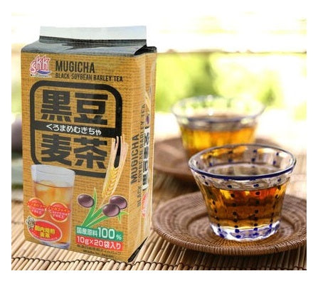 Barley tea with black soy-beans from Japan on a table, featuring two glasses filled with the aromatic, caffeine-free tea.