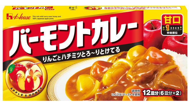 House Vermont Curry Roux for 12 dishes, featuring apples and honey, mild Japanese curry roux, allergen info: wheat, dairy, soy.