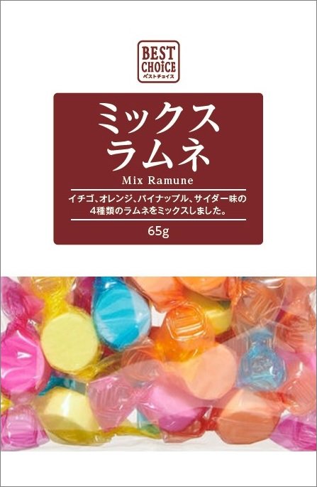 Best Choice Mixed Ramune Candy with four flavors: strawberry, orange, pineapple, cider. 65g pack.