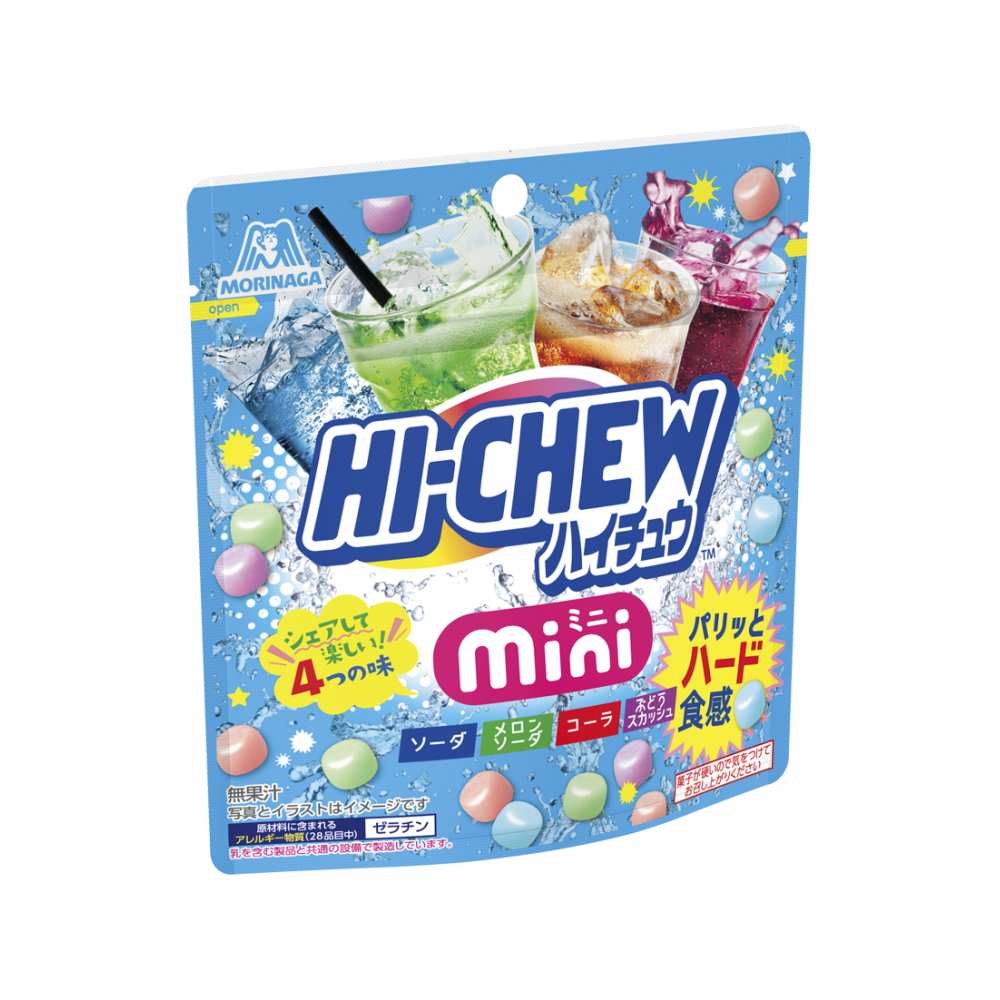 Hi-Chew Mini Pouch with soda, melon soda, cola, and grape soda flavored candies, featuring soft chewy texture, packaging front