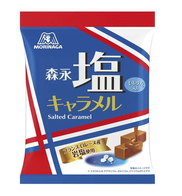 Salted Caramel Bag 83g with French Lorraine salt, rich buttery flavor, and allergens dairy, wheat, soybean.