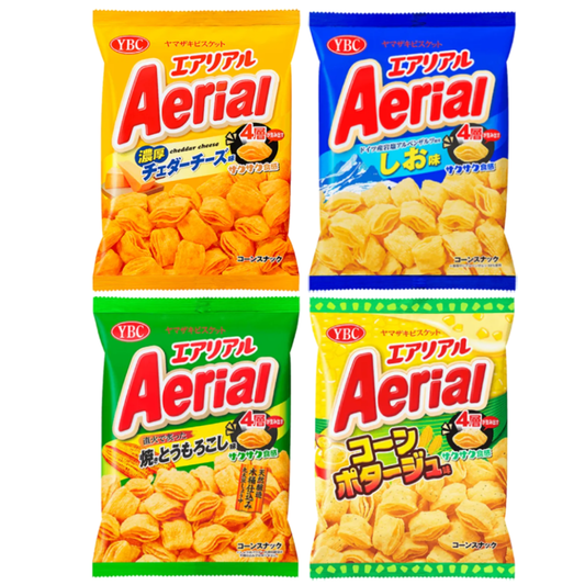 Yamazaki Aerial Corn Snack variety packs with rich cheddar cheese flavor and innovative four-layer corn base. Contains allergens.
