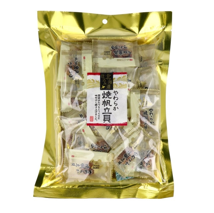 Packaged Japanese soft grilled scallops in a golden bag, seasoned and grilled, contains wheat and soybean allergens.