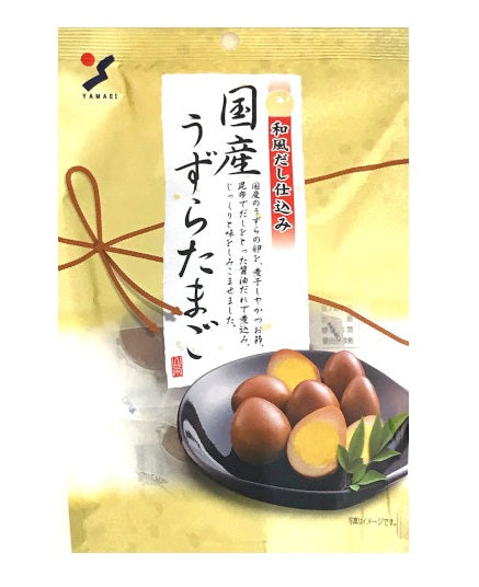 Japanese Stock flavored quail eggs in soy sauce broth packaging, 85g, featuring soy, bonito, kelp flavors; allergens include wheat, fish.