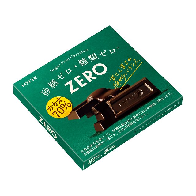 LOTTE Japanese ZERO Sugar Free Chocolate with 70% cacao, dairy and soybean allergens; mild sweetness and bitterness balance.