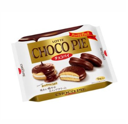 Chocolate Pie Party Pack with layered chocolate and cream filling, showing package design. Contains egg, dairy, wheat, soybean allergens.