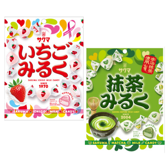 SAKUMA Milk Candy packaging featuring strawberry and matcha flavors, showcasing vibrant design and premium ingredients.