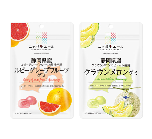 Nippon-yell Shizuoka Gummy packs featuring Ruby Grapefruit and Crown Melon flavors.