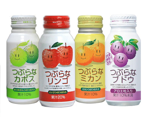 Tsuburana Drink 190g bottles: apple, orange, grape flavors, featuring fruit grain textures and vibrant packaging.