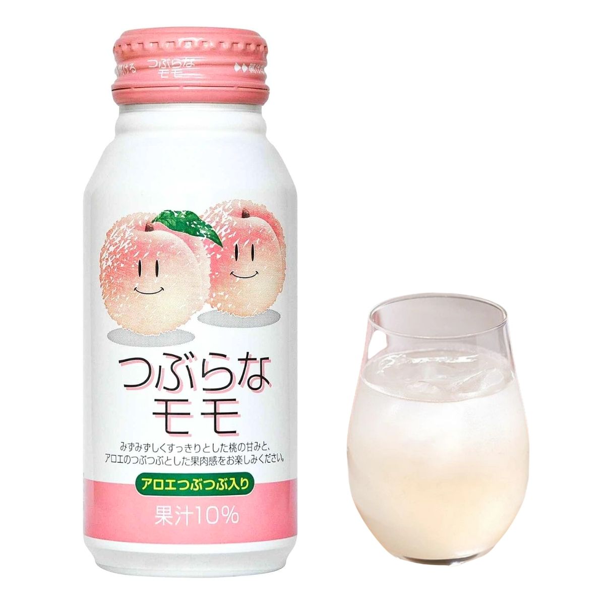 Tsuburana Momo peach drink, Japanese fruit beverage with peach juice and aloe pulp, served chilled over ice