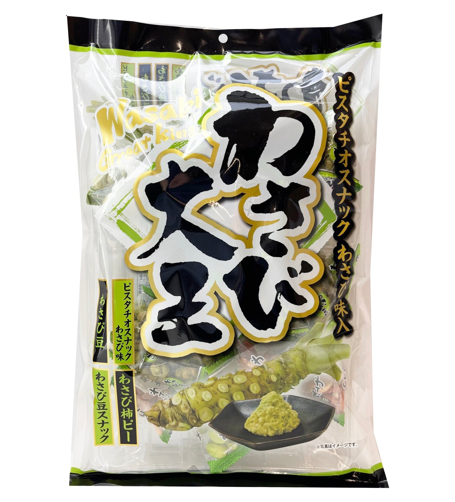 Wasabi Great King pistachio snack pack featuring wasabi-flavored kakipi, beans, peanuts, and pistachios. Contains allergens: wheat, dairy, peanuts, soybean, squid.