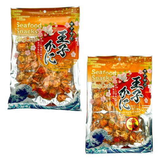Ichiei Foods Seafood Baby Crab Snack packaging, featuring original and spicy flavors with akaishi crab and sesame.