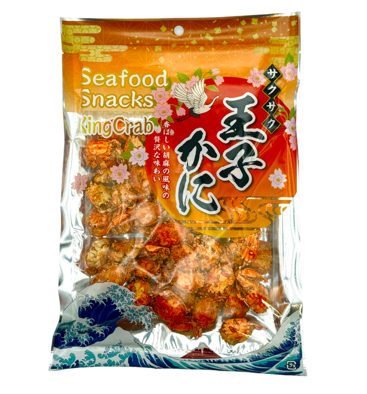 Bag of ICHIEI FOODS Seafood Baby Crab Snack with akaishi crabs in savory sesame flavor packaging, featuring Asian design elements.