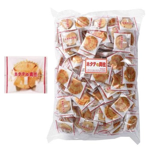 Bag of individually wrapped scallop adductor muscle rice crackers, flavored with scallop, with common allergens seafood and soybean.