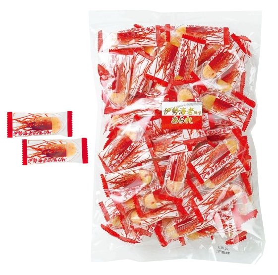 Pack of individually wrapped Japanese spiny lobster flavor rice crackers with lobster design on film packaging.