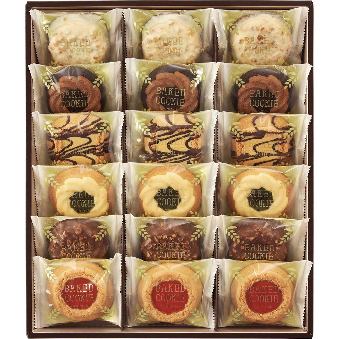 Assorted baked cookies in a box, featuring a variety of decorated treats with chocolate and fruit jam, rustic and nostalgic.