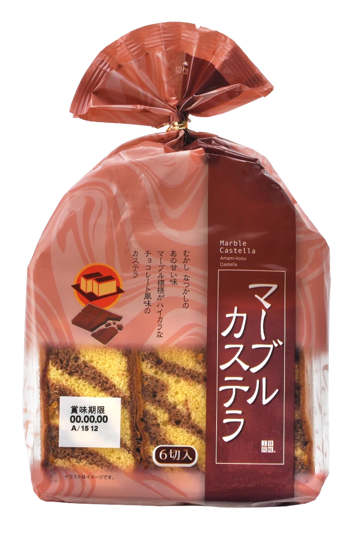 Package of Moist Castella 6P with six slices, featuring choco marble and plain flavors. Contains allergens: egg, wheat, dairy, soybean.