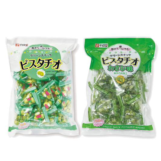 Two packs of Green Snack Pistachio, plain and wasabi flavored, in green packaging, showcasing shelled pistachios in crispy batter.
