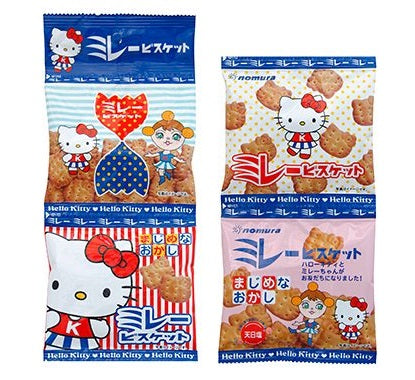 Millet Biscuit Hello Kitty 4 Packs, savory snacks with crunchy texture, light saltiness, featuring Hello Kitty design, contains wheat
