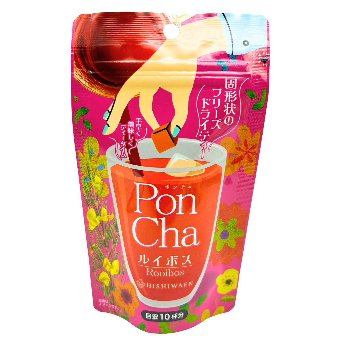 HISHIWAEN PonCha Freeze-dried Rooibos Tea packaging with floral design, suitable for making approximately 10 cups.