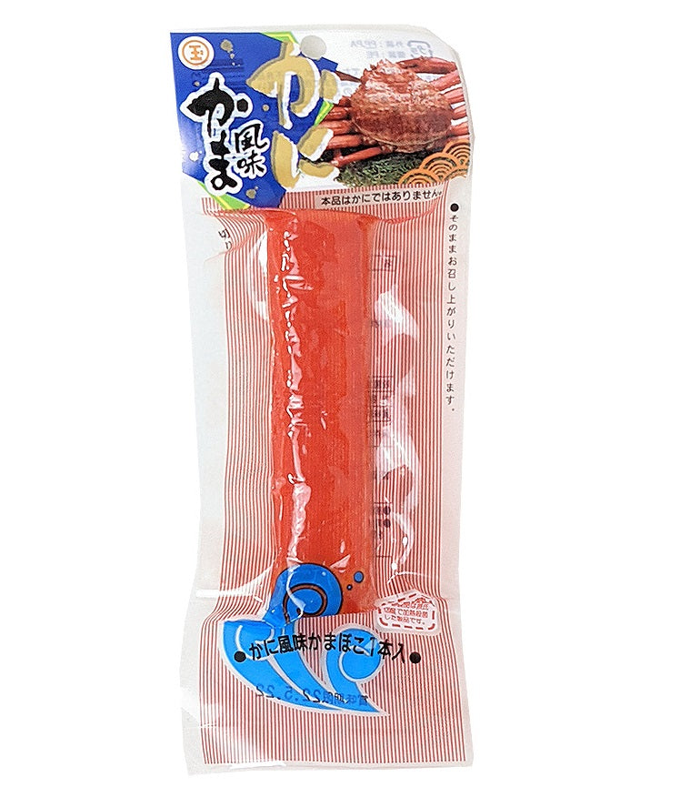 Crab flavored kamaboko fish cake packaging, mimicking real crab taste and texture. Contains allergens: wheat, crab, egg, soybean, fish.