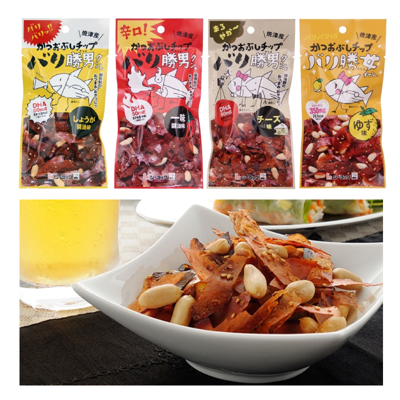 Bari Katsuo Bonito Flakes with Peanut in various flavors, including ginger soy sauce and spicy, packaged and served in a bowl.