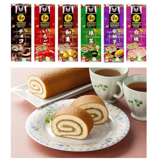 Kumamon Big Box Roll Castella 1P with flavors Chocolate, Strawberry, Japanese Chestnut, Matcha on display with tea cups.