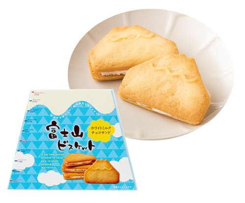 Mt. Fuji-shaped biscuits filled with white milk cream, packaged as "Mt.Fuji Biscuit 10P." Contains wheat, dairy, egg, soybean.