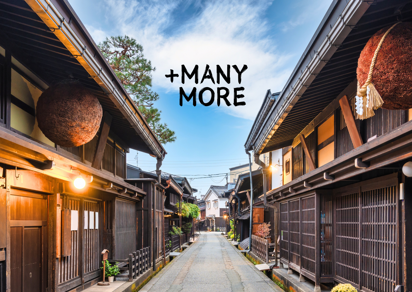 Traditional street in Gifu, Japan with wooden houses and blue sky, featured in Japanese Journey Box subscription.