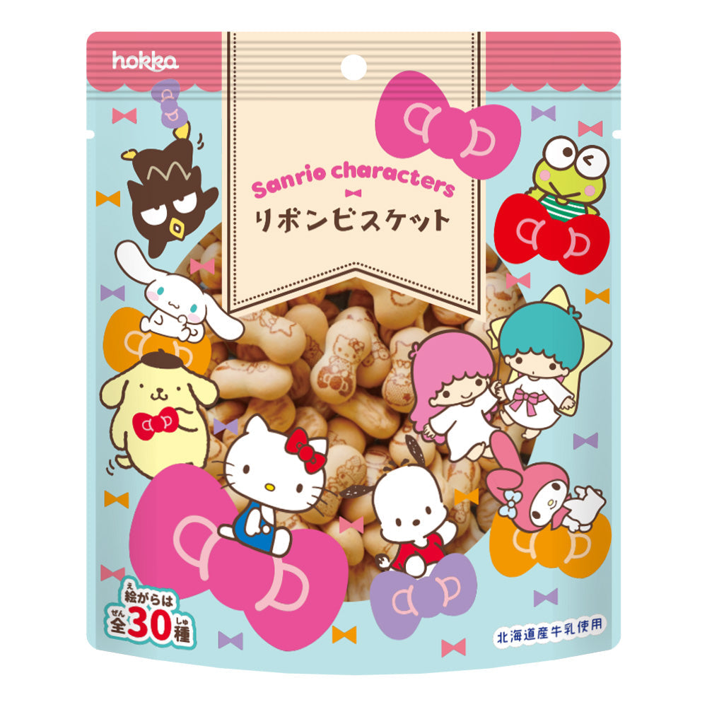 HOKURIKU Sanrio Characters Ribbon Biscuit Pack with milk cookies shaped as ribbons featuring Sanrio characters, includes wheat, dairy, soybean.