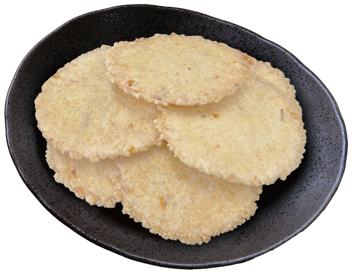 Shrimp Rice Cracker Shrimp Rice Cracker Miyabi in a black bowl, featuring maximized shrimp ...