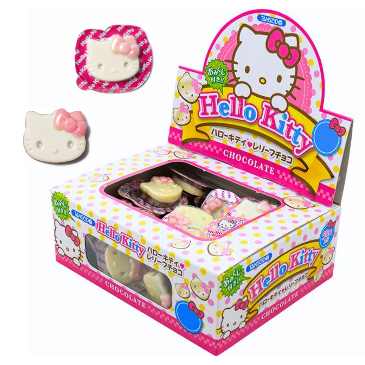 Hello Kitty Relief Chocolate box with assorted flavors including matcha, pudding, and white chocolate. Contains 50 pieces with allergens noted.